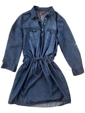 Gloria Vanderbilt blue denim button up mini shirt dress with cinch tie waist